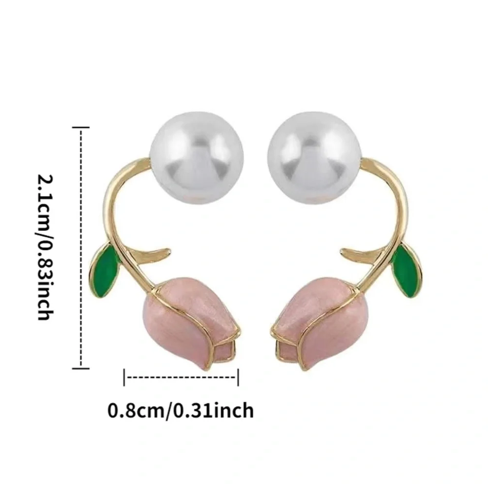 Pink Tulip Flower Pearl Stud Earrings - Picture 2 of 2